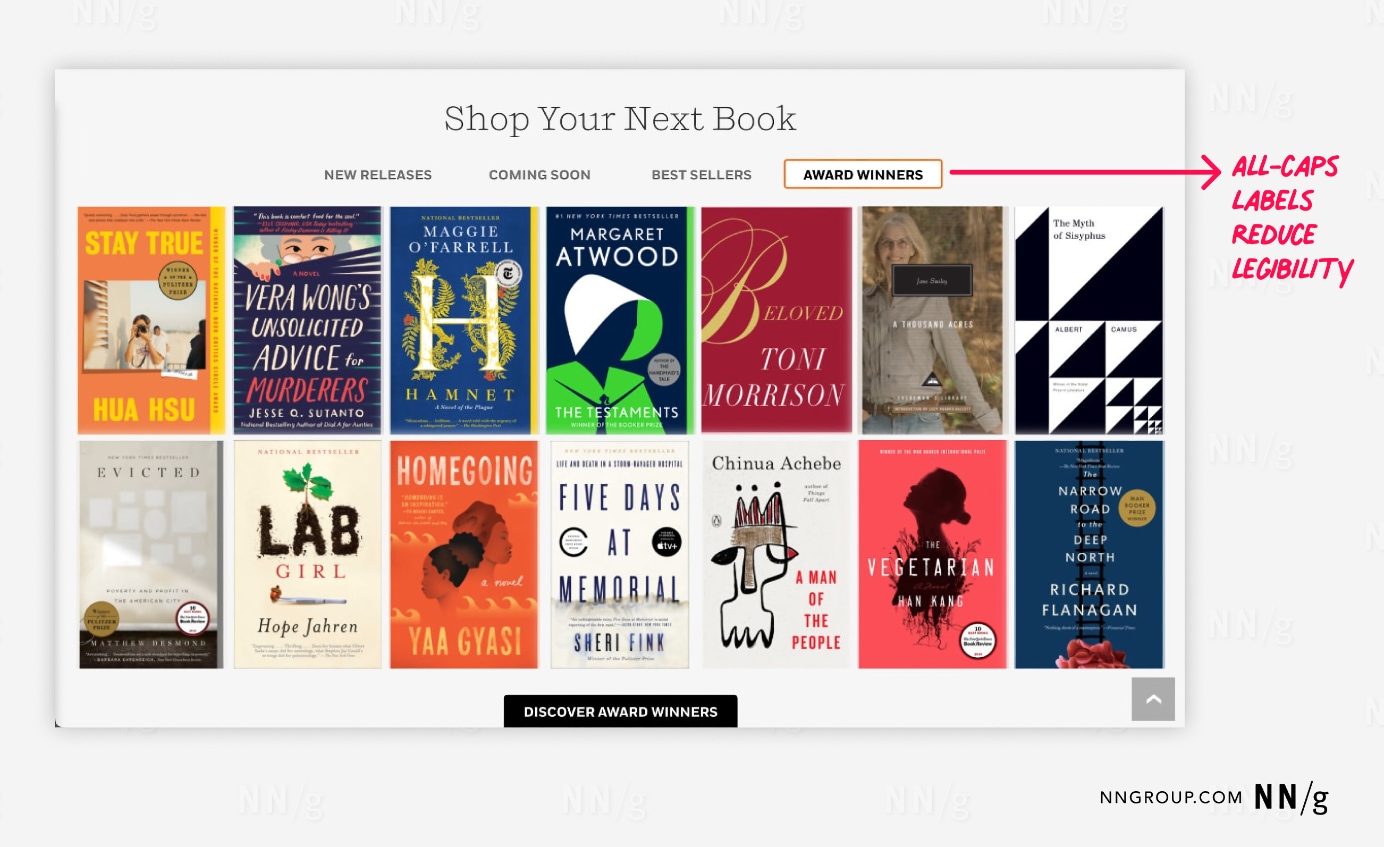 A Penguin Random House webpage with the title “Shop Your Next Book.” Below the title, there are tabs labeled “New Releases,” “Coming Soon,” “Best Sellers,” and “Award Winners,” with the “Award Winners” tab selected.  A red annotation points out that the use of all-caps labels for the tabs reduces legibility.