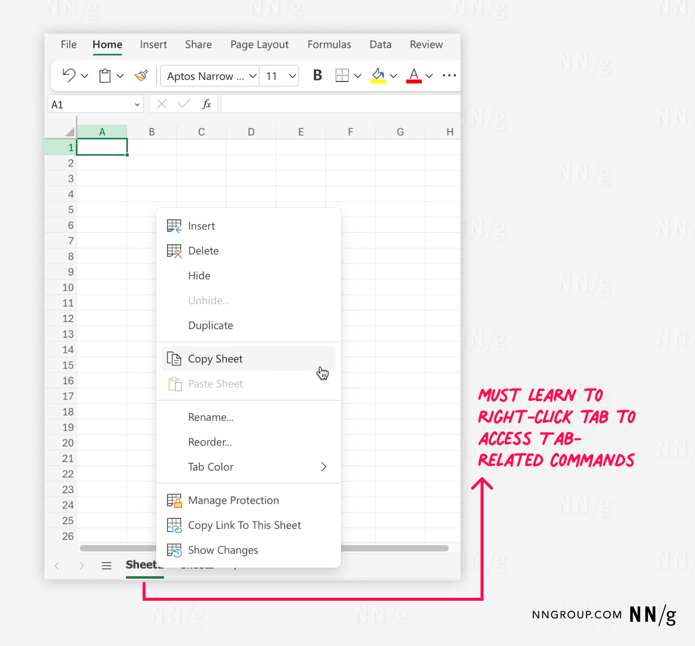 Office 365 version of Excel with a context menu open, highlighting various sheet-related commands. The context menu appears after right-clicking on a sheet tab labeled “Sheet1” at the bottom of the screen. A red annotation indicates that users must learn to right-click the tab to access these tab-related commands, emphasizing the reliance on this action for managing sheets within the application.