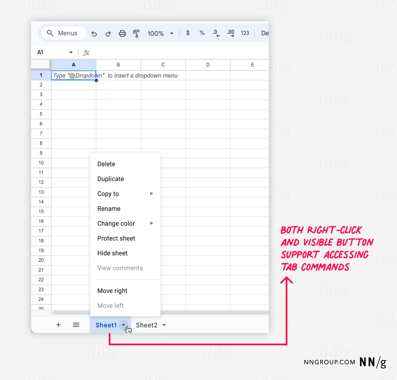 Google Sheets interface with a context menu open, displaying options for managing sheets. The context menu is accessed by clicking on a small arrow next to the “Sheet1” tab at the bottom of the screen. A red annotation highlights that both right-clicking the tab and using the visible button (the small arrow) support accessing tab commands, indicating dual methods for users to manage their sheets within the application.