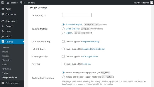 Adding JS to WordPress: GA Google Analytics plugin.