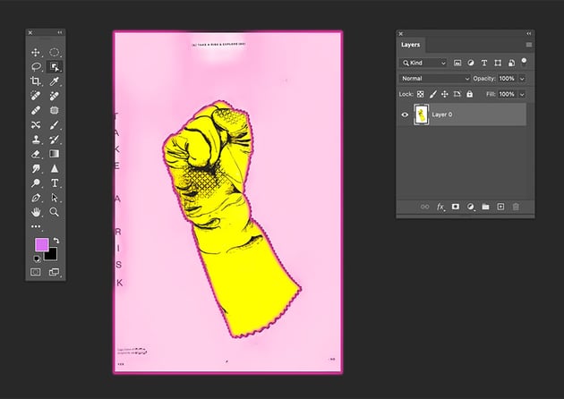 Use the selection tool to select the rubber glove image. Unlock the background layer on the Layers panel. 