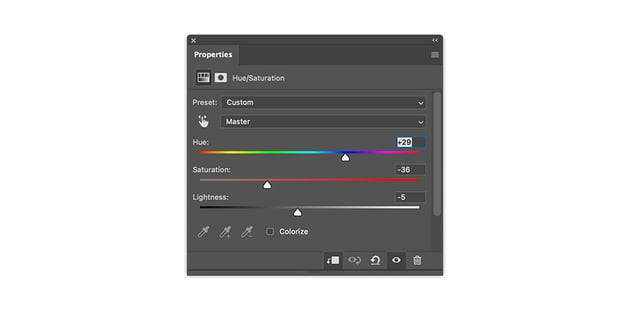 Create a New Fill or Adjustment Layer with the Hue/Saturation layer. On the Properties panel set the Hue to +29, Saturation to -36 and Lightness to -5.