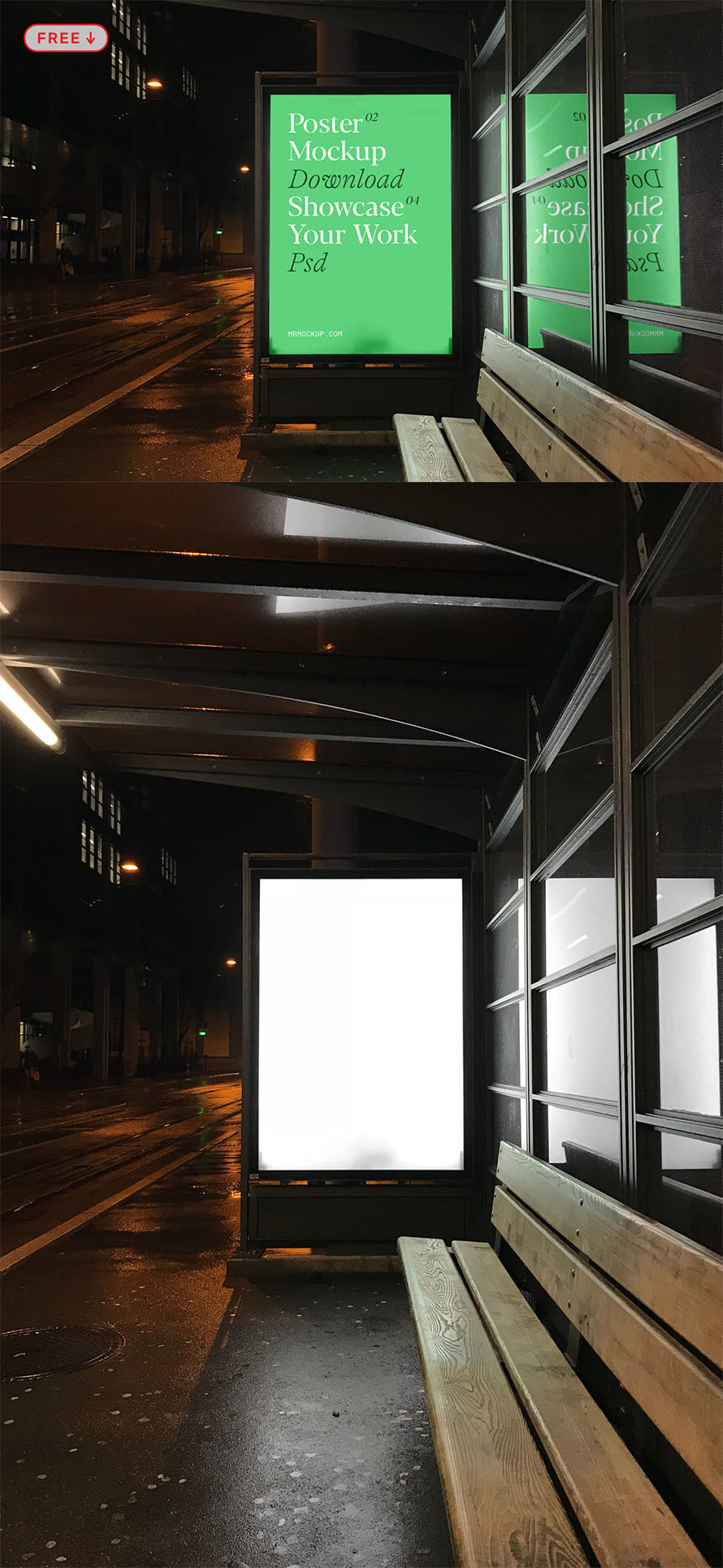 Free Bus Stop Poster at Night Mockup