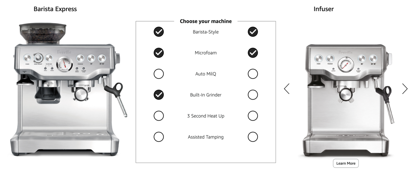 Screenshot of an Amazon product page. It shows two espresso machines, the Barista Express and the Infuser. Between them is a chart showing if they have the following features: Barista-Style, Microfoam, Auto MILQ, Built-in Grinder, 3 Second Heat Up, and Assisted Tamping. Next to the qualities they share, there is a check.