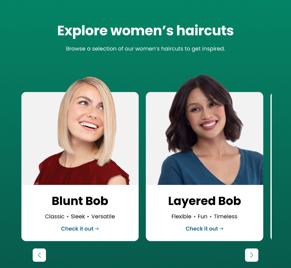 This screenshot shows two images of haircuts. The left is a blunt bob, a mid-length style that is straight and ends abruptly. The right is a layered bob, it is a wavy mid-length haircut that is wavy and ends in a more natural way. Under the blunt bob are the words "classic," "sleek," "versatile," and "check it out". Under the layered bob are the words "flexible," "fun," "timeless," and "check me out."