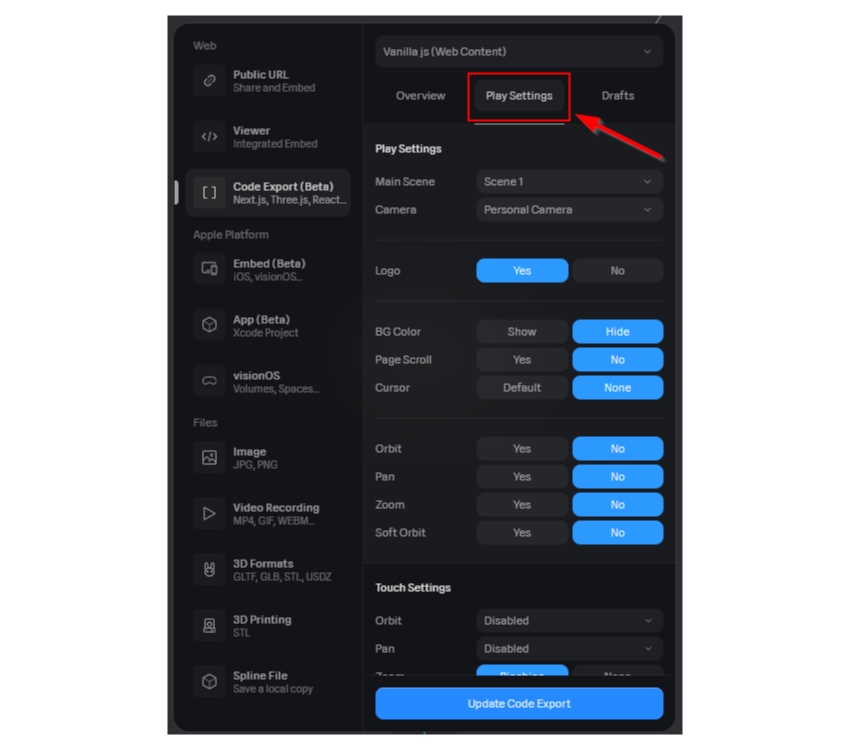 Play Settings tab in Spline's Export panel