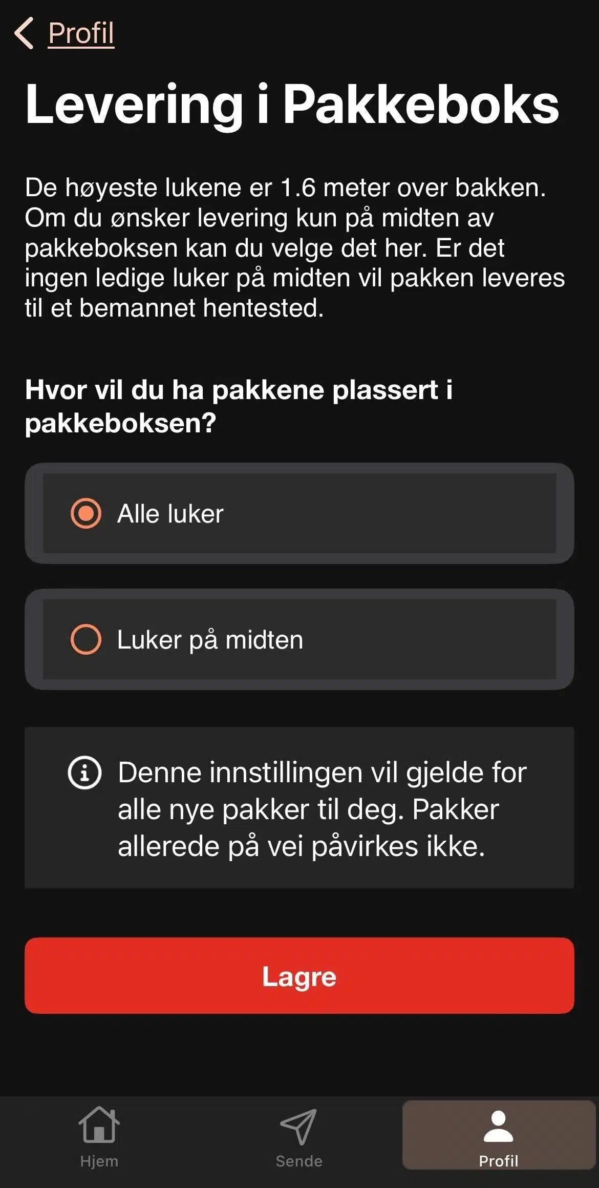 Norweigan app screen asking if you want "alle luker" or "luker på midten"