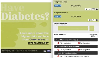 Deuteranopia simulation filter applied – color contrast ratio of 1.07:1 with the text “Have” against the background with lime green colored PSA