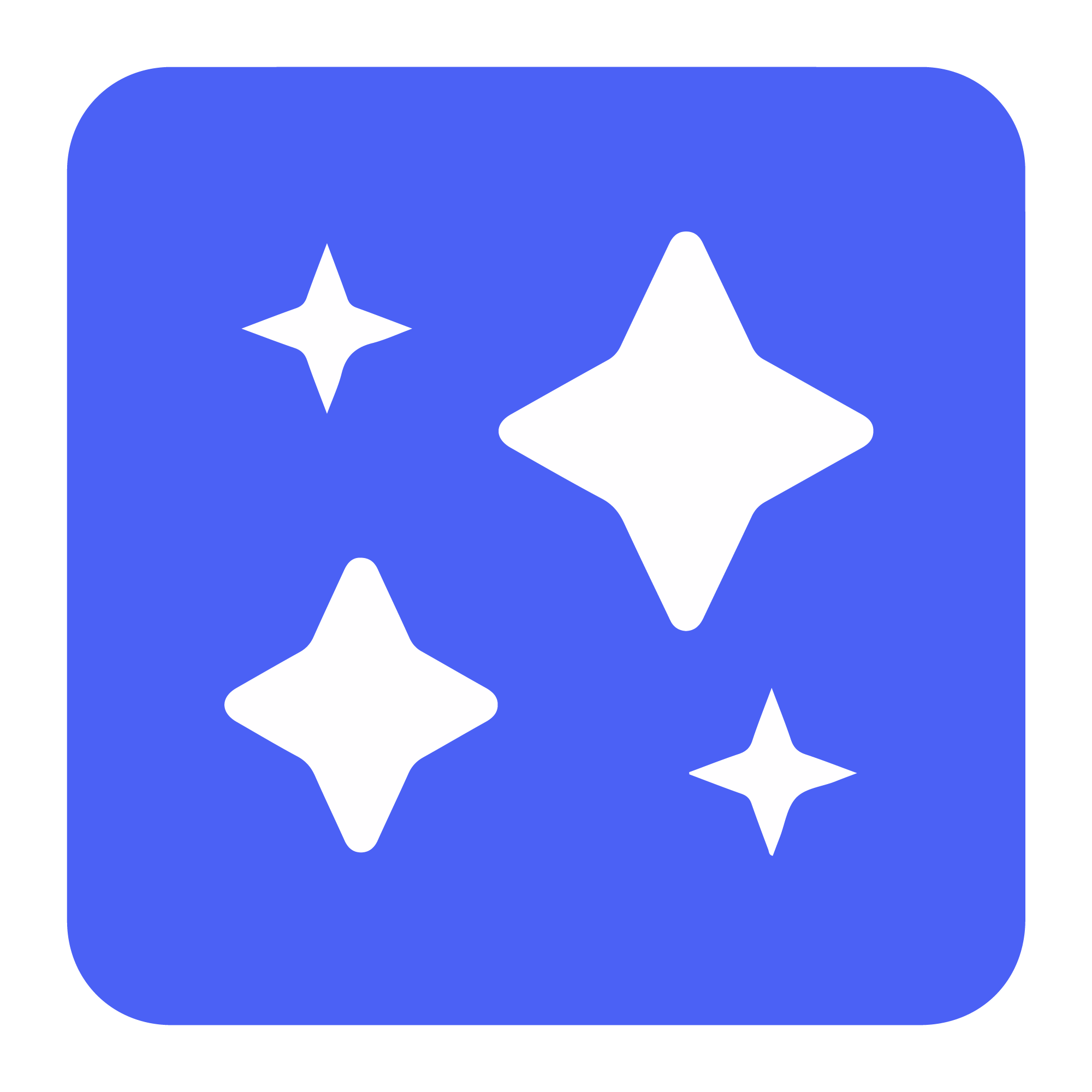 4 white 4-pointed stars of varying sizes contained within a blue square