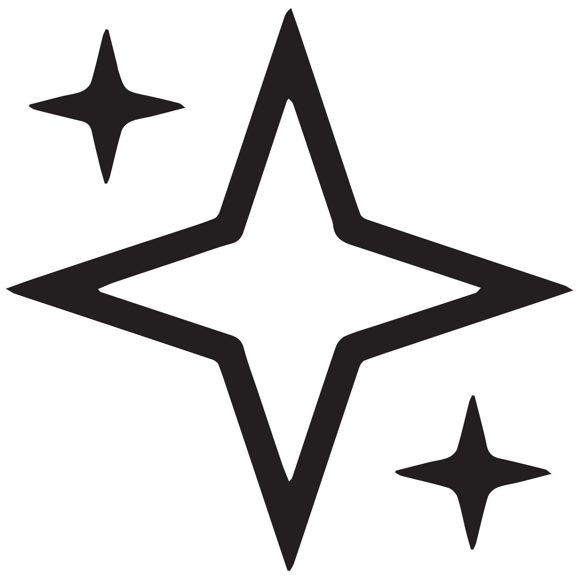 A 4-pointed white star in the foreground; 2 smaller black 4-pointed stars in the background on either side