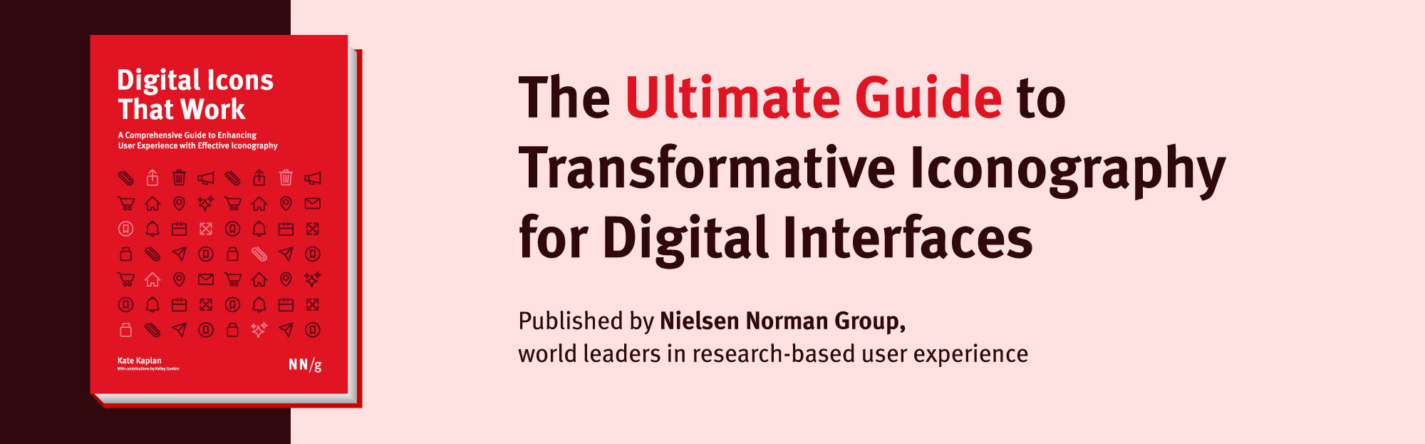 Book image with text: Digital Icons That Work. The Ultimate Guide to Transformative Iconography for Digital Interfaces. Published by Nielsen Norman Group, world leaders in research-based user experience