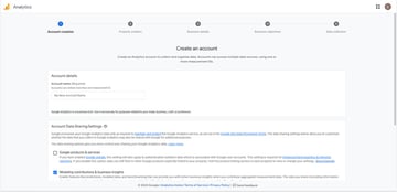 To create a Google Analytics account, there are five steps: Account creation, Property creation, Business details, Business objectives, and Data collection