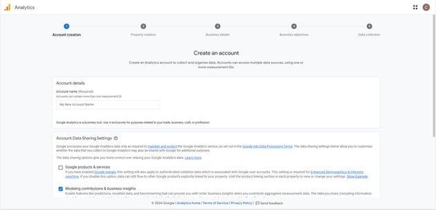 To create a Google Analytics account, there are five steps: Account creation, Property creation, Business details, Business objectives, and Data collection