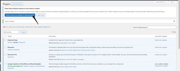 From the Plugins screen in WordPress, set up your new MonsterInsights plugin