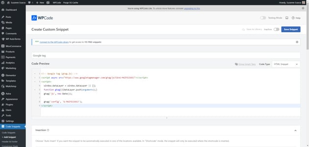 In WPCode, create a custom code snippet. Give it a Google-related name and then paste in your Google tag.