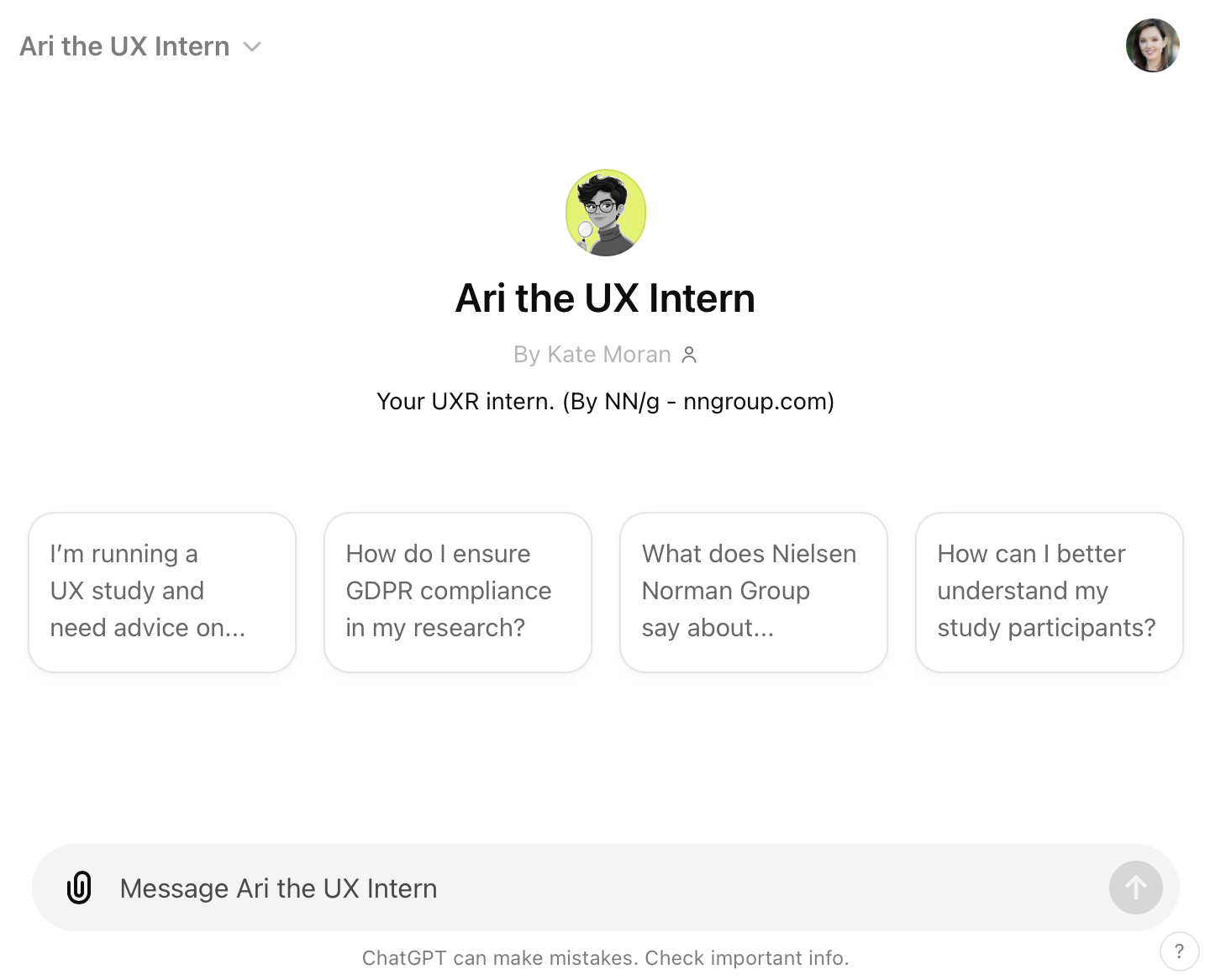 A screenshot of a custom GPT on ChatGPT. A photo of Ari above the tagline, "Your UXR intern."