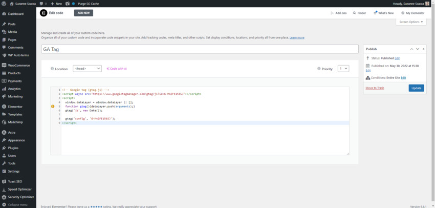 To add your Google tag to WordPress via Elementor Pro, use the Custom Code tool