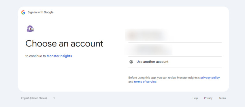 MonsterInsights will ask you to give them access to Google via the email you used to create your GA account