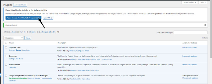 From the Plugins screen in WordPress, set up your new MonsterInsights plugin