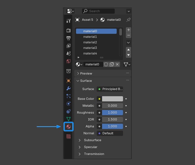 material properties panel