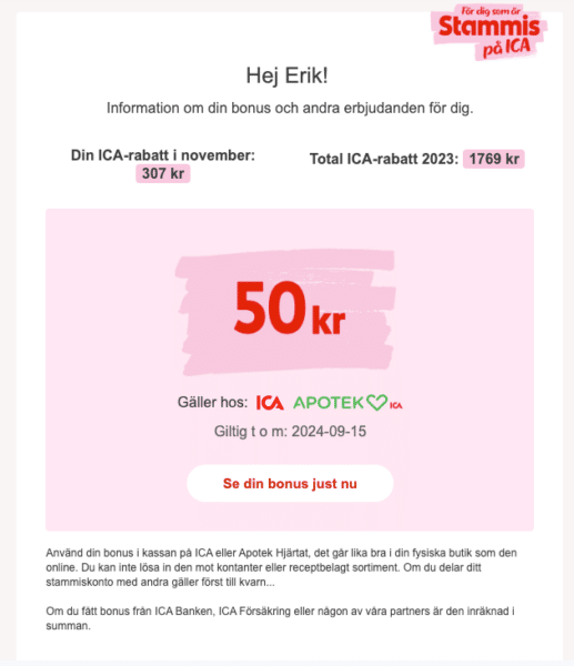 Visually showing bonus amount of 50kr.