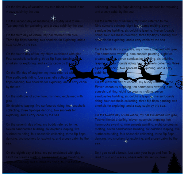 Christmas email sent out. Two column layout. Black text on dark blue to black background with stars, and a moon overlayed by reindeers flying a sleigh. Unreadable.