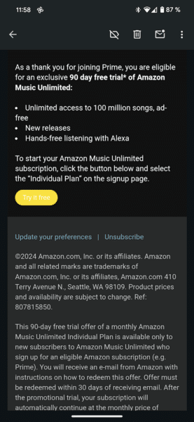 Amazon email example on mobile dark mode, yellow button background with white text. Unreadable.