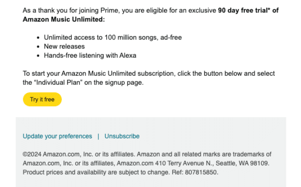 Amazon email example on desktop, yellow button background with black text. Good contrast.