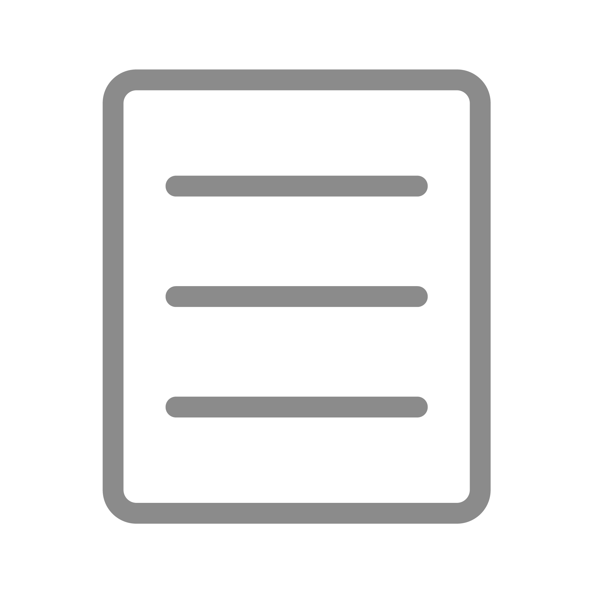 A gray-outlined menu icon on a black background. The icon resembles a rectangular sheet with rounded corners, featuring three horizontal lines centered within.