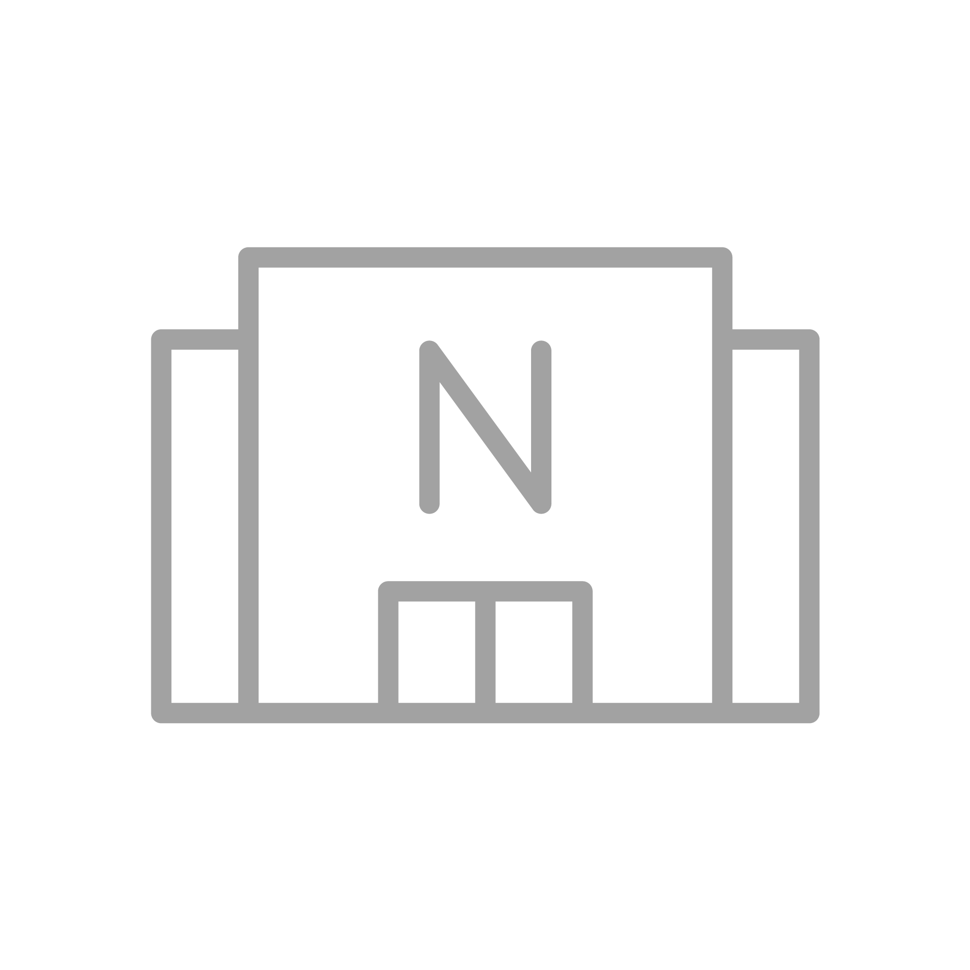 A gray-outlined storefront icon on a light gray background, representing a building. The building has a central rectangular shape with two smaller rectangular sections on each side, resembling additional structures. In the center of the main building is the letter 'N' above two smaller rectangles that represent doors.