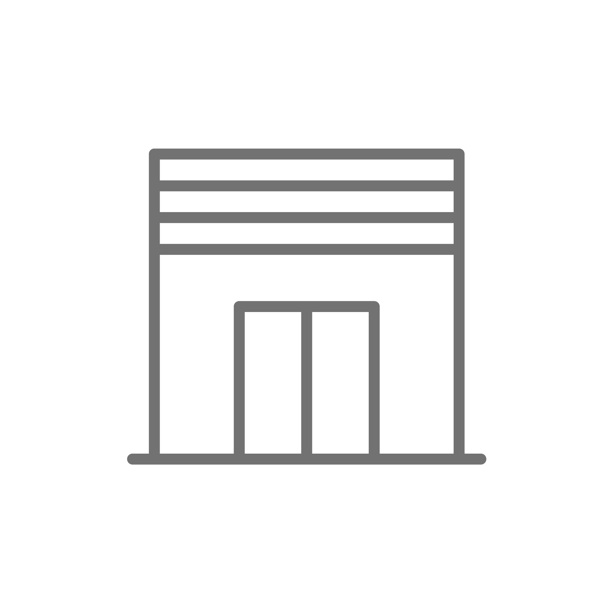 A gray-outlined storefront icon on a light gray background, representing a building. The design shows a rectangular structure with three horizontal lines at the top, resembling an awning or signage. Below the lines are two rectangles symbolizing doors.