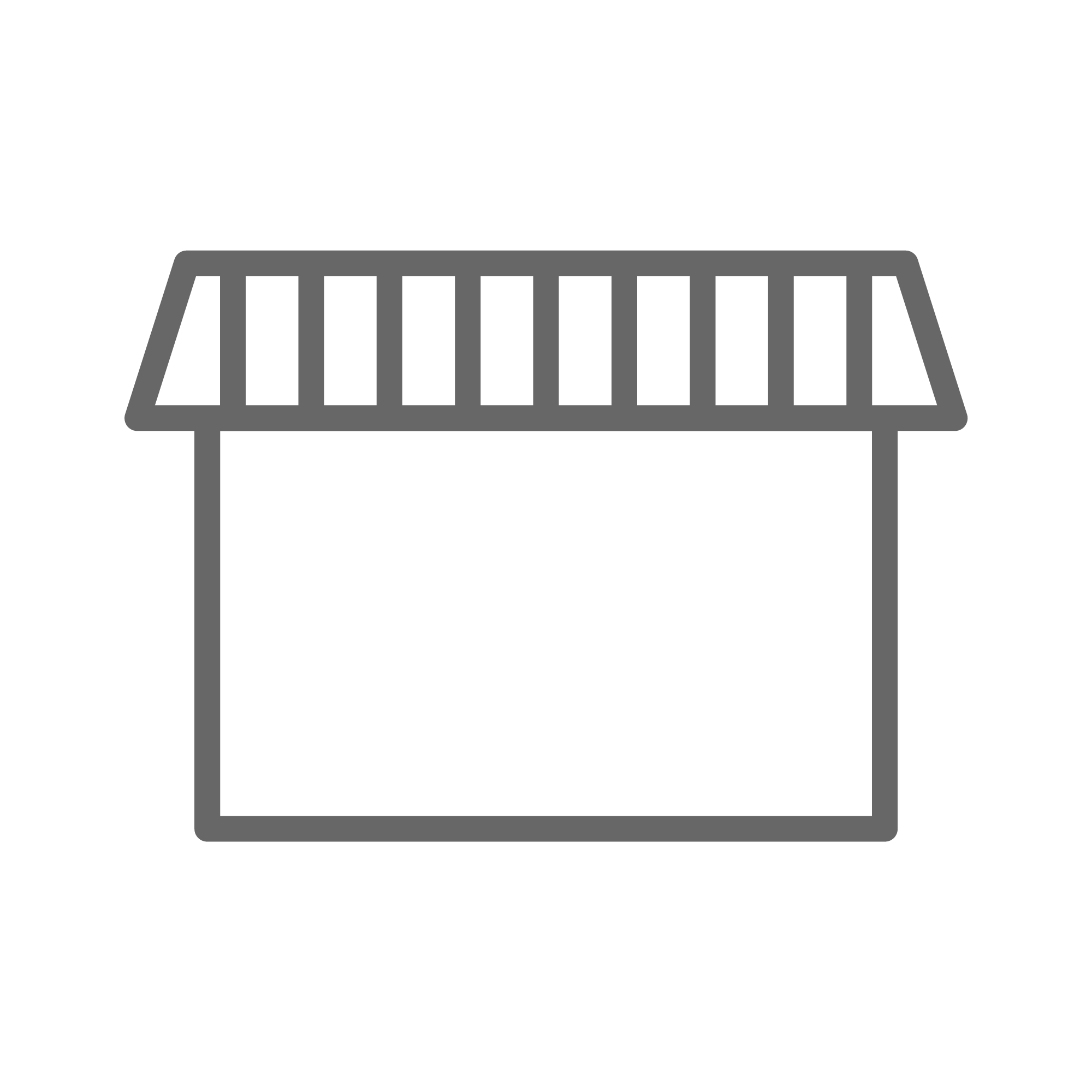 A gray-outlined storefront icon on a light gray background, featuring a rectangular building with a striped awning at the top. The awning has alternating vertical lines, giving the appearance of a shaded covering over the store entrance.