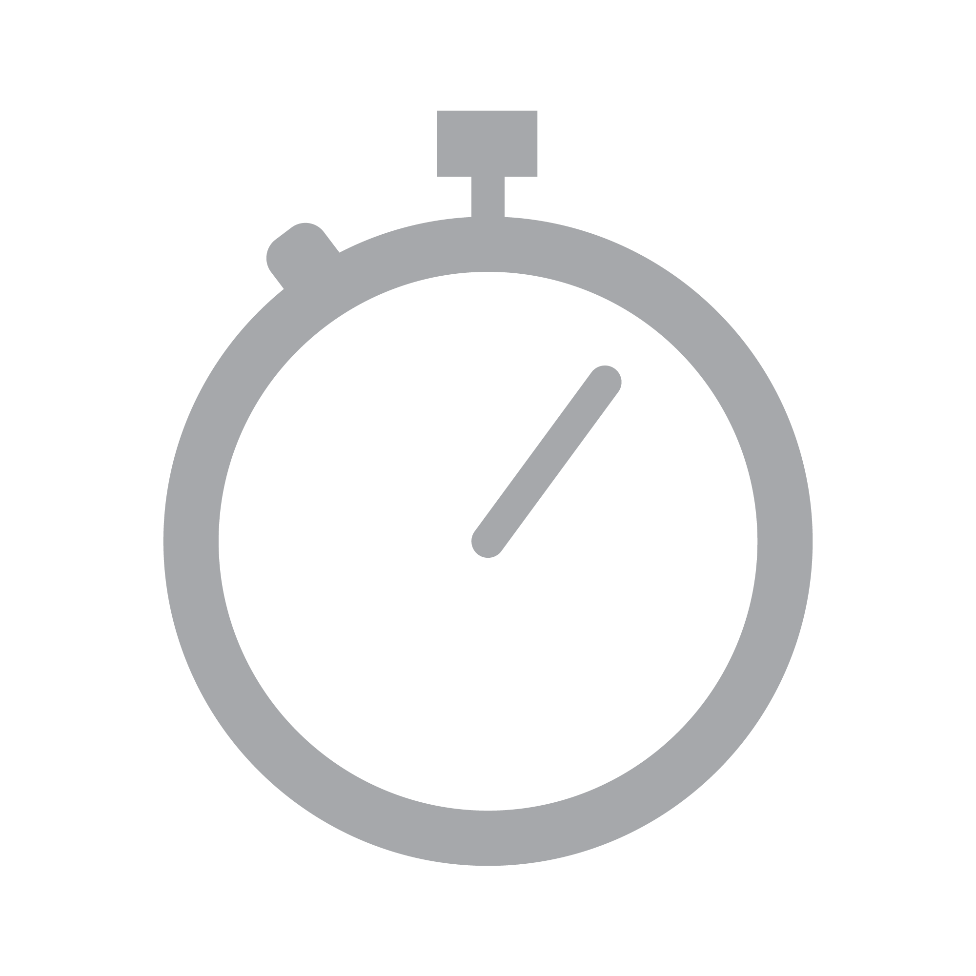 A simple gray stopwatch icon on a black background. The stopwatch has a round shape with a single hand pointing at an angle, and a small button at the top and side, representing the start or stop mechanism.