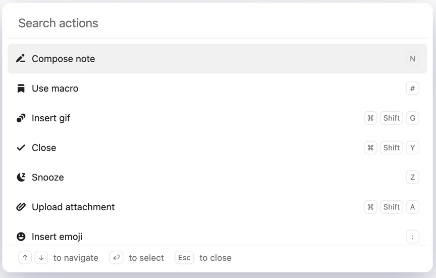 A "Search actions" menu with various shortcut options. The first option, "Compose note," is highlighted, showing the shortcut key "N." Other options include "Use macro," "Insert gif," "Close," "Snooze," "Upload attachment," and "Insert emoji," each with corresponding keyboard shortcuts.