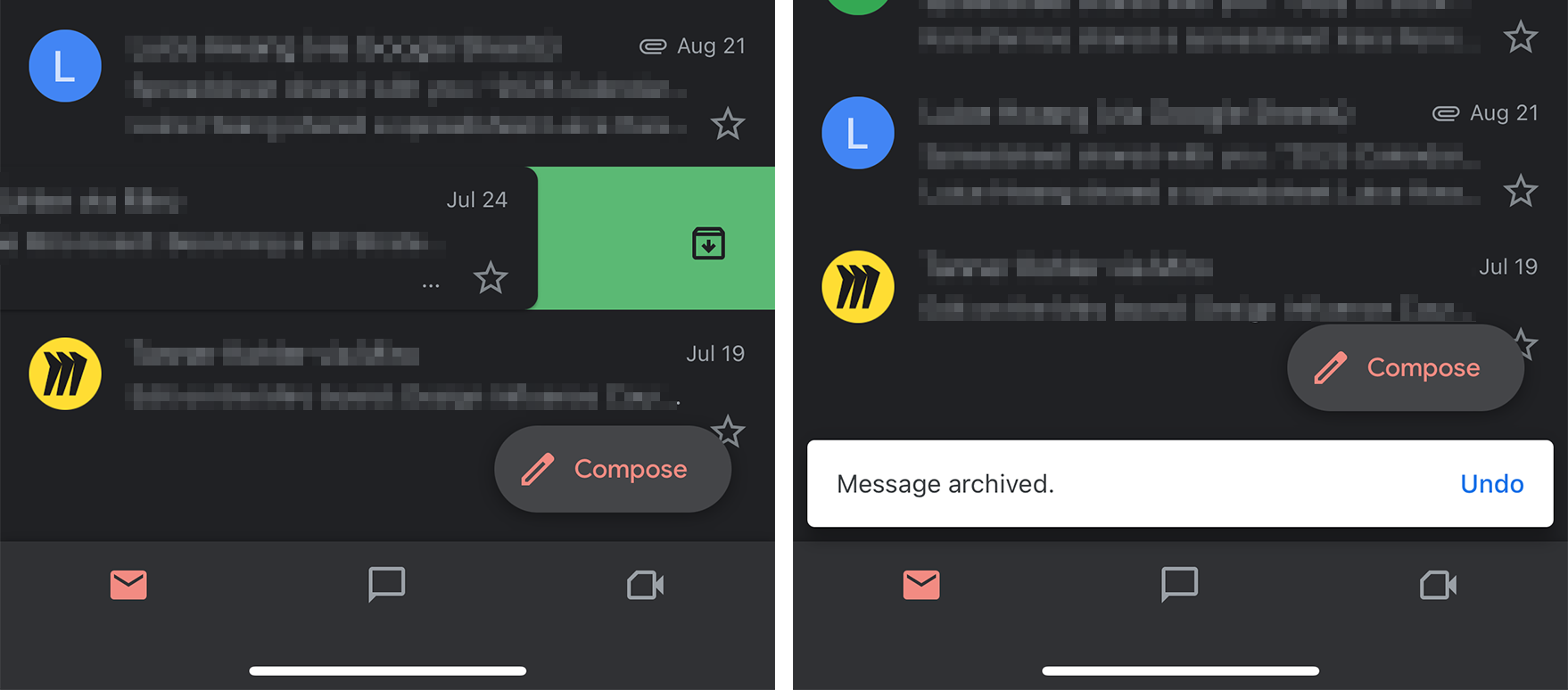 Two screenshots of an email interface. On the left, a message is highlighted in green with an archive icon. On the right, the message is archived with an "Undo" option displayed in a white bar at the bottom.