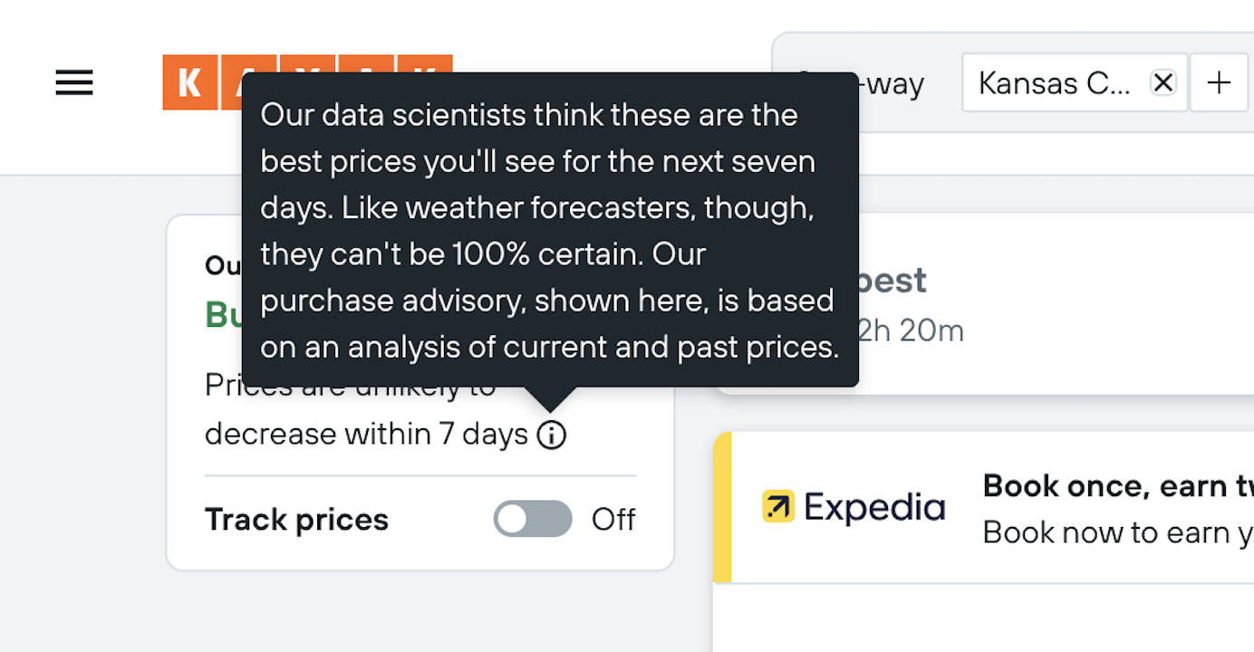 Kayak Our Advice box includes a question mark icon after the recommendation to display information about how the recommendation was generated