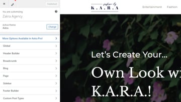 The WordPress Customize tool when the Astra free theme is installed