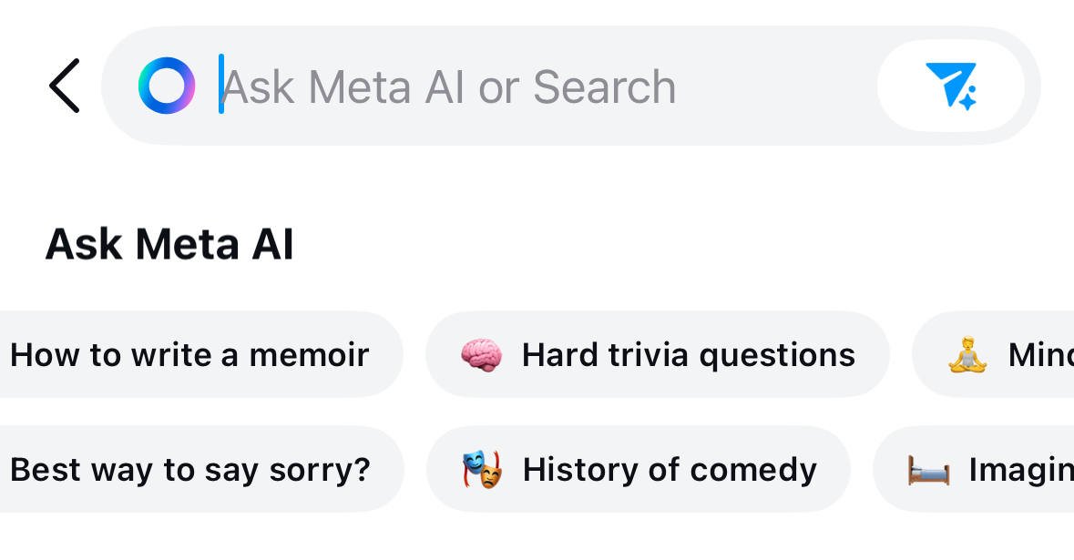 Screenshot: Instagram integrated its AI chat into its existing search bar. The search bar placeholder content read, "Ask Meta AI or Search." Below the search field, various suggested queries appeared, including, "Best way to say sorry?" and "How to write a memoir."