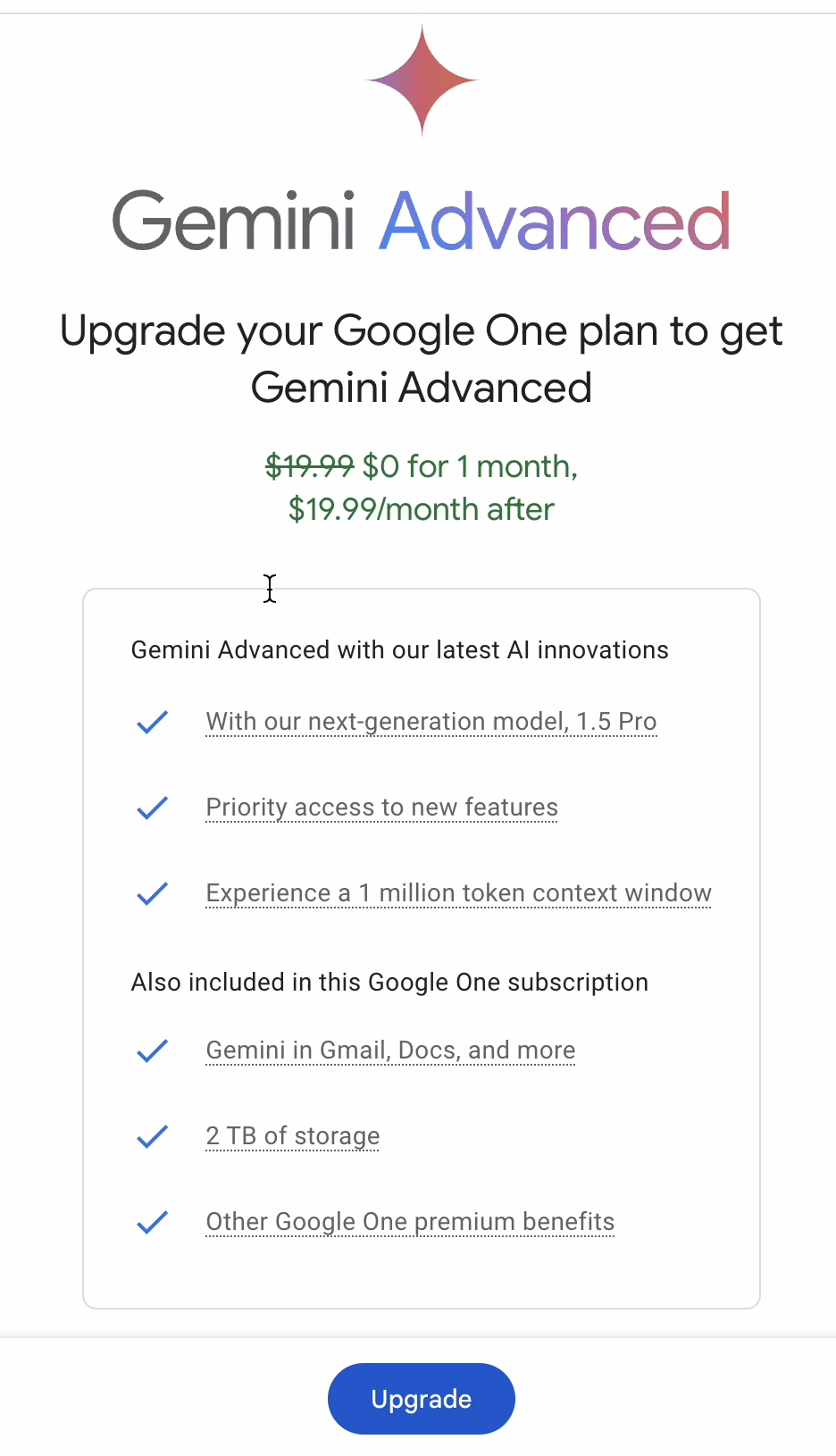 Screenshot. Google promoted upgrading to get Gemini Advanced by highlighting: "Our next-generation model, 1.5 Pro. Priority access to new features. Experience a 1 million token context window."