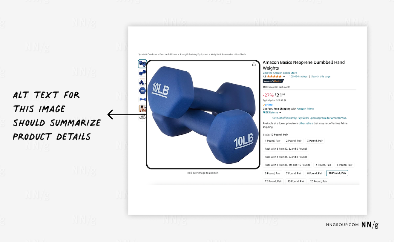 Screenshot of amazon product page for dumbbells accompanied by product details.