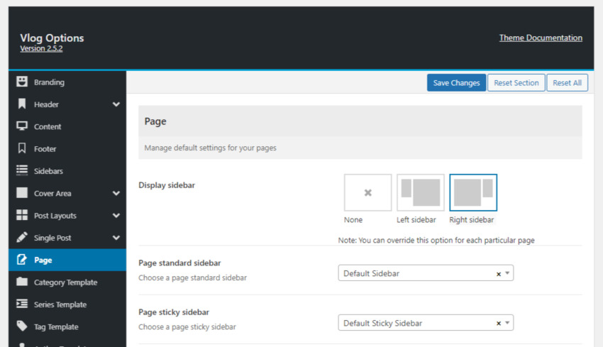 In the Vlog premium WordPress theme, users can customize the sidebar layout settings per page type