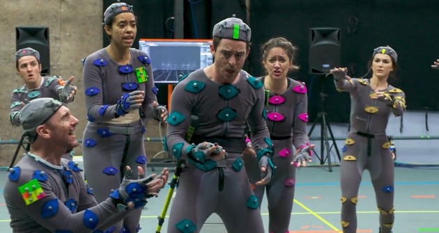 Actors wearing motion capture suits at The Imaginarium Studios, capturing realistic movements for digital characters. (Image Credit: The Imaginarium Studios)