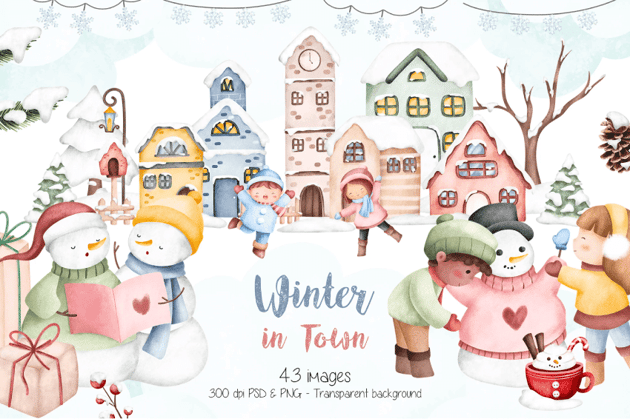 Winter in Town Watercolor Clipart