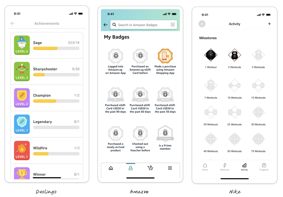 Duolingo, Amazong and Nike reward pages