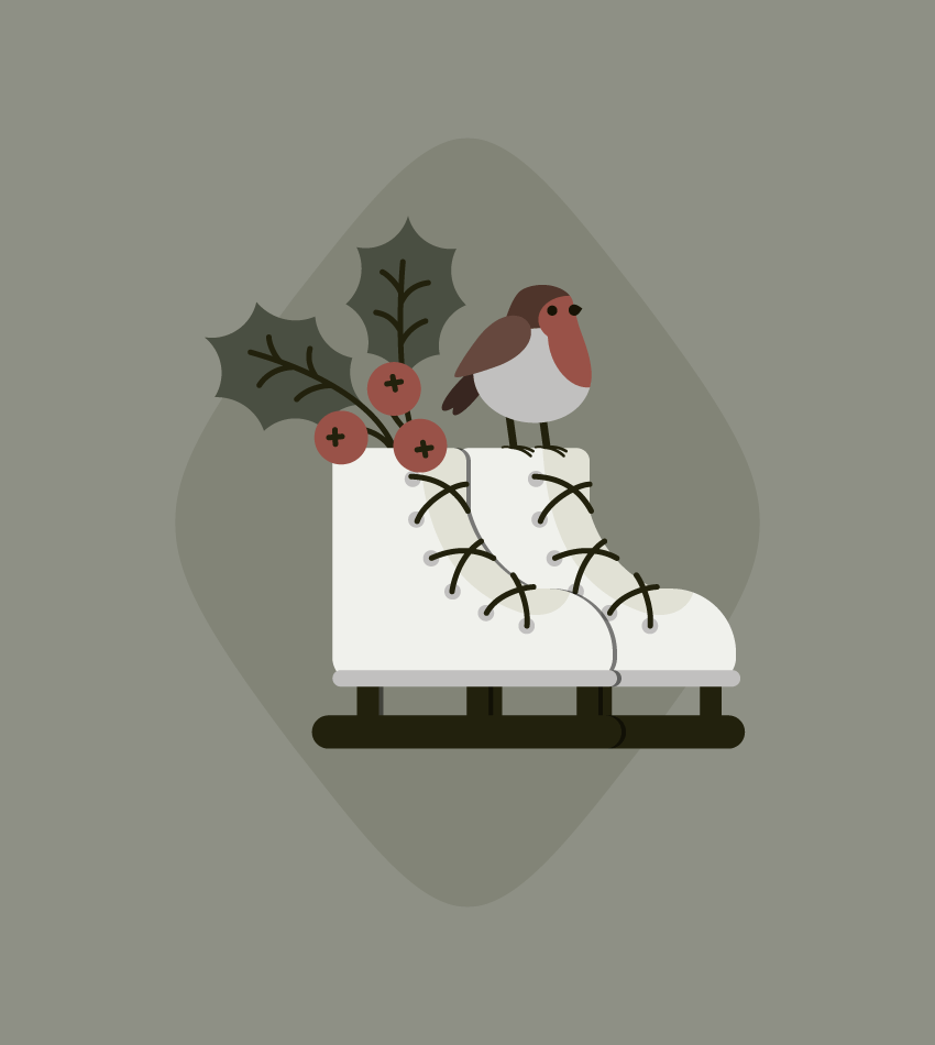 how to place the ice skates, holly berries with leaves and the robin on the background