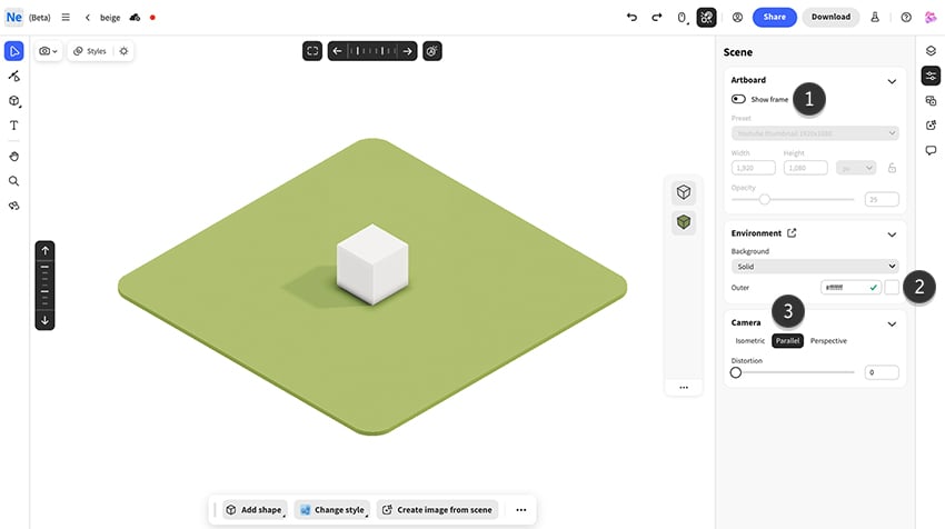 Set scene viewport and environment for new project on Adobe Neo