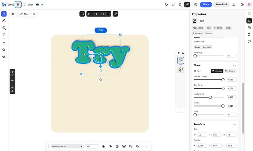 turn text to 3d then set text effects to shape using extrude from properties panel