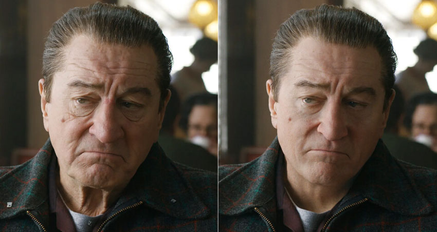 Robert De Niro in The Irishman, alongside the digitally de-aged version of his character. (Image Credit: Netflix)