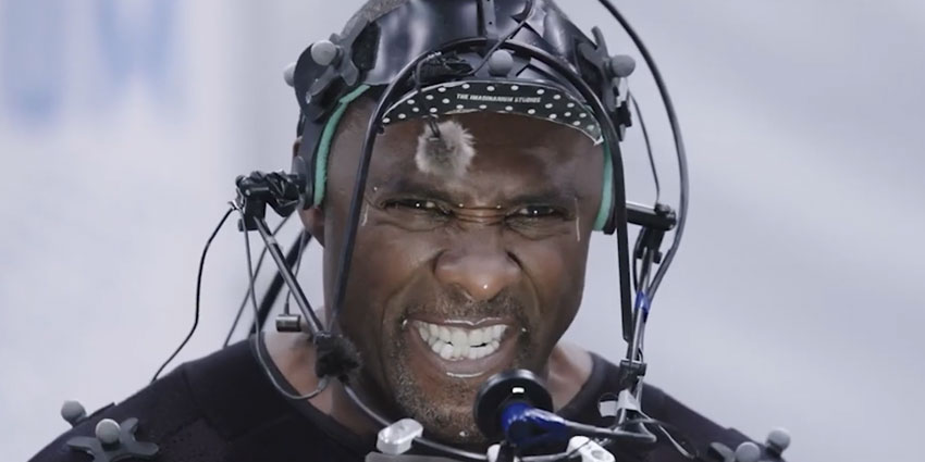 Idris Elba wearing facial motion capture equipment from Imaginarium Studios for his role in Cyberpunk 2077 