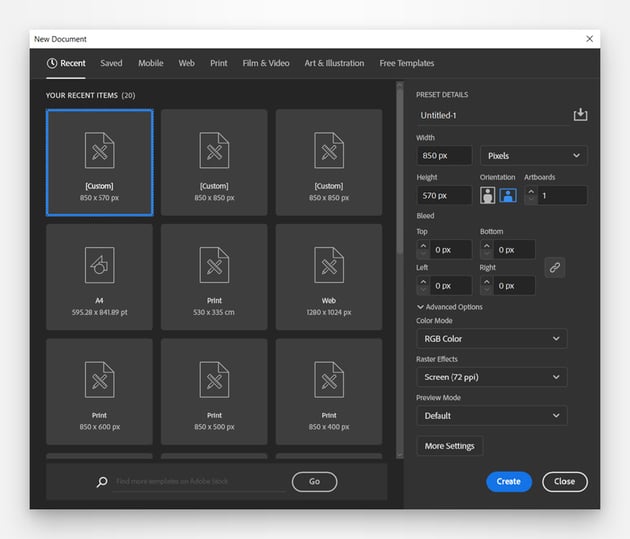 new document set up grid Illustrator